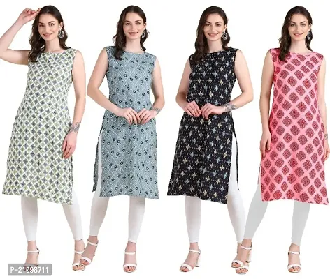 Womens Printed Crepe Sleeveless Kurti Combo Pack Of 4