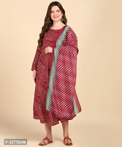 Womens Cotton Printed Anarkali Kurti With Dupatta