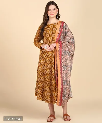 Womens Cotton Printed Anarkali Kurti With Dupatta