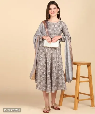 Womens Cotton Printed Anarkali Kurti With Dupatta