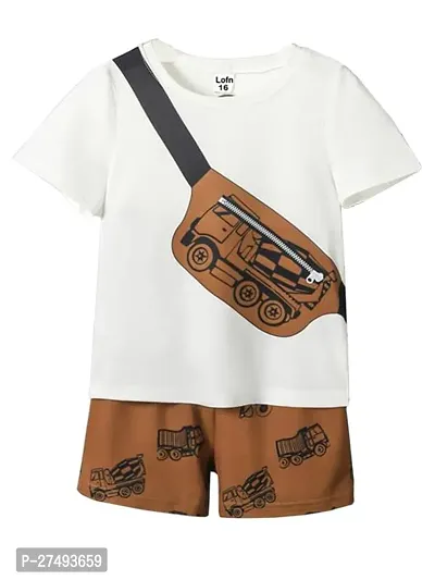 Stylish White Printed Cotton Blend T-Shirts with Shorts For Boys