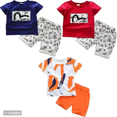 Stylish Multicoloured Printed Cotton Blend T-Shirts with Shorts For Boys Pack Of 3