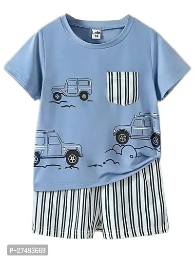 Stylish Blue Printed Cotton Blend T-Shirts with Shorts For Boys-thumb0