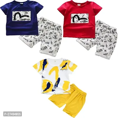 Stylish Multicoloured Printed Cotton Blend T-Shirts with Shorts For Boys Pack Of 3-thumb0