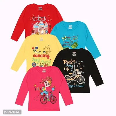 Girls Multicolour cotton Fullsleeve T-shirts(Pack of 5)