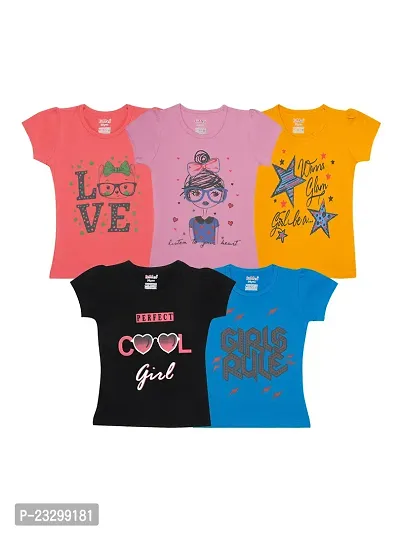 Girls Multicolour cotton Halfsleeve T-shirts(Pack of 5)