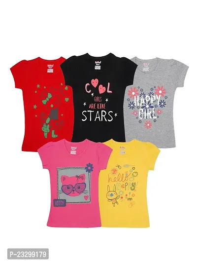 Girls Multicolour cotton Halfsleeve T-shirts(Pack of 5)