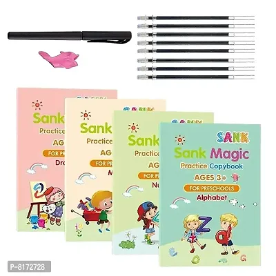 Sankalicious Sank Magic Practice Copybook, 1 pens + 10 Refills + 1 Grips + 4 Books (18 Pcs Pack) Number Tracing Book for Preschoolers with Pen, Magic Calligraphy Books for Kids Reusable