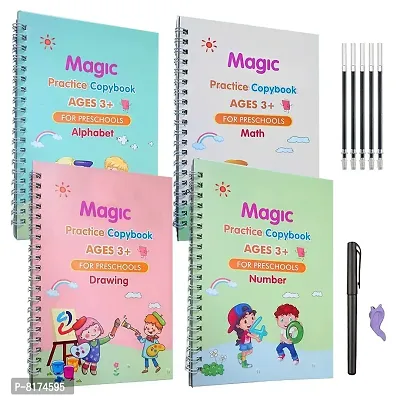 MEGAWHEELS Magic Practice Copybook, 4 Book, 10 Refill, 1 Pen, 1 Grip, Number Tracing Book With Pen, Magic Calligraphy Copybook Set Hand Lettering Practical Reusable Writing Tool For Preschoolers-thumb0