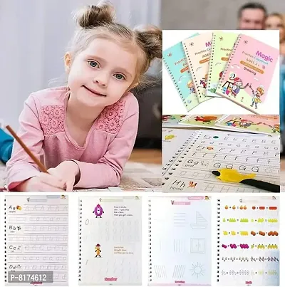 BESTHUA Magic Book for Kids (4 Books 1 Pen 1 Hand Grip 10 Refill) Calligraphy Practice Copy Self Deleting Text book Practice Hand Writing and Pen Using Skills Reusable Writing Text Book For Kids age 3-thumb0