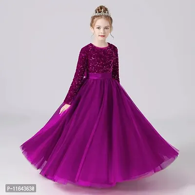 Girls Fancy Long Sleeve Full Length Sequin Work Fit and Flair Gown Dress-thumb0