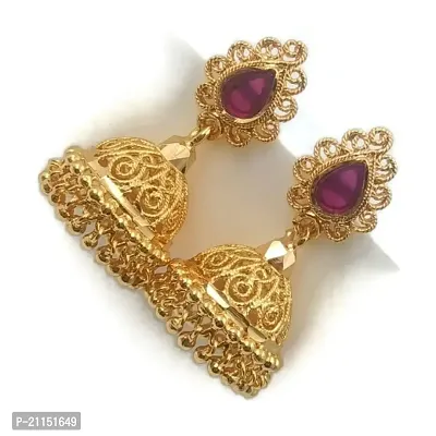 PRS GOLD COVERING -Women's pink stone micro plated jhumkha (earring)-thumb0