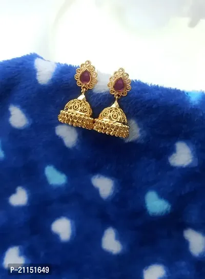 PRS GOLD COVERING -Women's pink stone micro plated jhumkha (earring)-thumb2