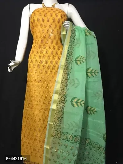 Stylish Cotton Kota Doria Printed Dress Material And Dupatta Set (Without Bottom)