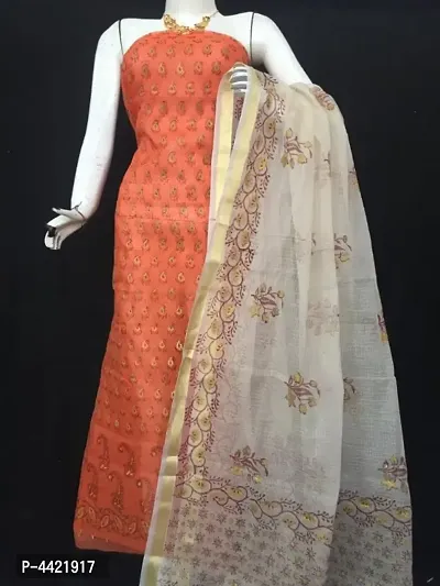 Stylish Cotton Kota Doria Printed Dress Material And Dupatta Set (Without Bottom)