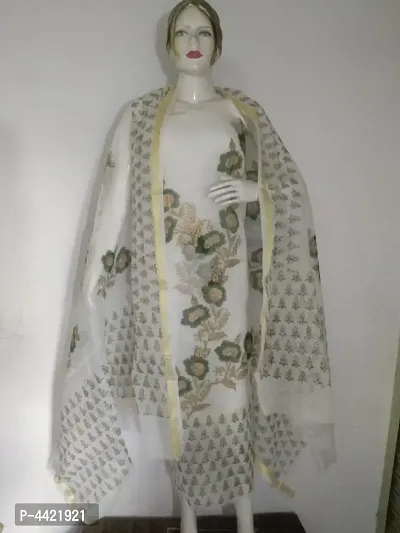 Stylish Cotton Kota Doria Printed Dress Material And Dupatta Set (Without Bottom)