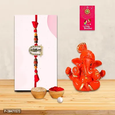 Designer Rakhi with Greeting Card And Ganesh Ji Idol- Pack of 1