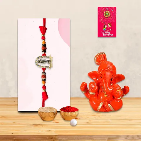 Designer Rakhi with Greeting Card And Ganesh Ji Idol- Pack of 1