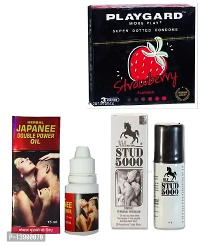 Strawberry flavour condom  + 15 ml Japanee oil + 15 ml  1 pcs Stud