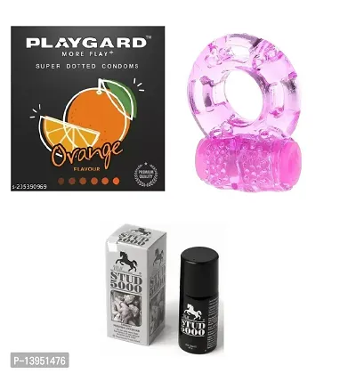 Vibrating Ring + Orange Flavour Condom + 15 ML STUD