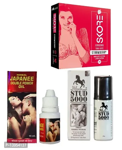 SKORE STRAWBERRY FLAVOUR CONDOM  + 15 ML JAPANEE OIL + 15 ML STUD