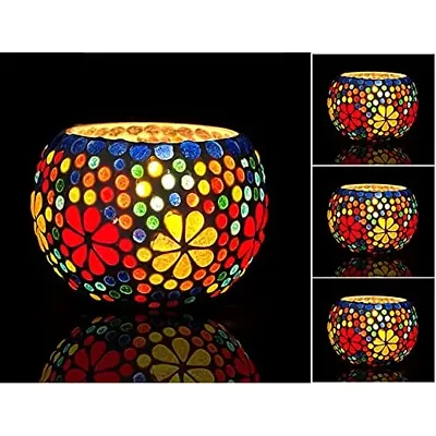 Go Hooked T-Light Mosaic Candle Holder for Home Decoration Mosaic Glass, for Bedroom, Office, Living Room, Dining Table, Festive Lights Decoration (Pack of 4)