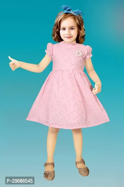 Fabulous Pink Cotton Printed A-Line Dress For Girls