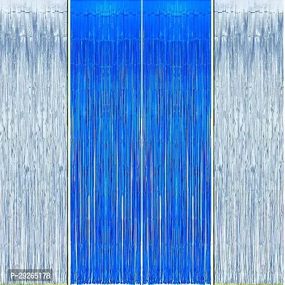 Blue  Silver Shimmer Backdrop Foil Curtains for Decorations- Pack of 4 Pcs