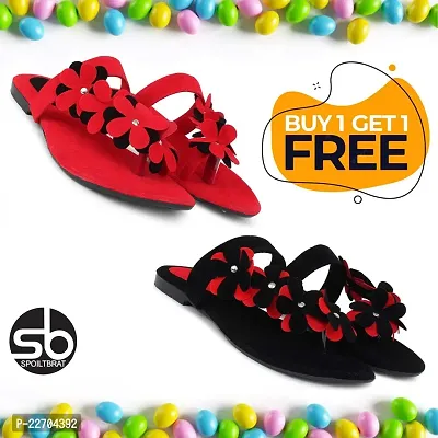 Spoiltbrat Presents  Buy 1 Get 1 Free Offer For Womens  Girls  Black Flower  And Red Flower Flat Sandal's   .