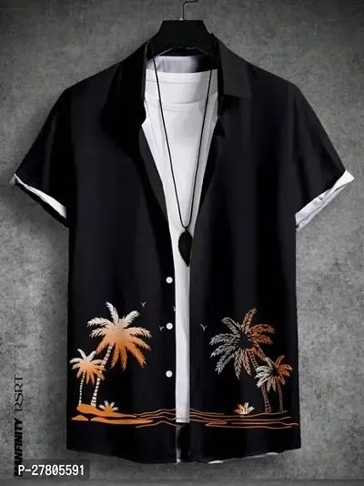 Reliable Black Polyester Blend Printed Short Sleeves Casual Shirts For Men