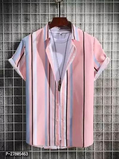 Reliable Pink Polyester Blend Striped Short Sleeves Casual Shirts For Men-thumb0