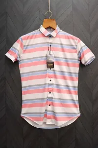 Reliable White Cotton Blend Striped Short Sleeves Casual Shirts For Men-thumb1