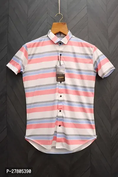 Reliable White Cotton Blend Striped Short Sleeves Casual Shirts For Men-thumb2