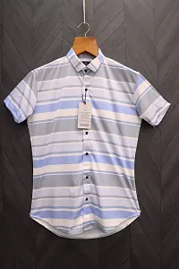 Reliable Grey Cotton Blend Striped Short Sleeves Casual Shirts For Men-thumb1