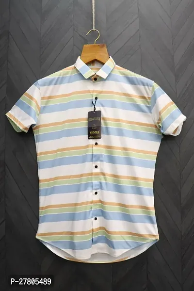 Reliable Yellow Cotton Blend Striped Short Sleeves Casual Shirts For Men-thumb0