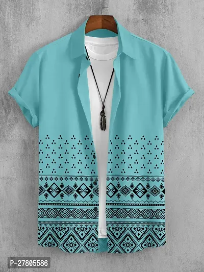 Reliable Turquoise Cotton Blend Printed Short Sleeves Casual Shirts For Men