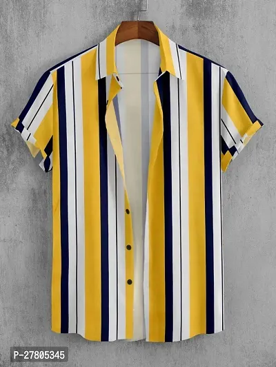 Reliable Yellow Cotton Blend Striped Short Sleeves Casual Shirts For Men-thumb0