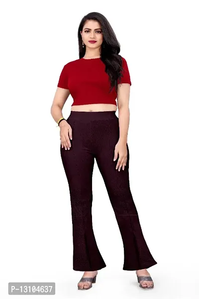 Cotton Blend Bootcut Parallel Trouser Pants for Women Regular Fit, Bellbottom Straight Pants for Womens (WINE PANT A1) Trousers  Pants-thumb3