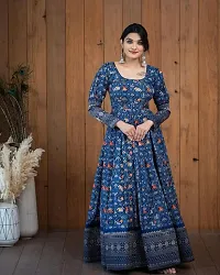 Hotixo Georgette Silk Gown Printed Work Gown for Women Stylish Stitched Dress Gown (M) Blue-thumb1