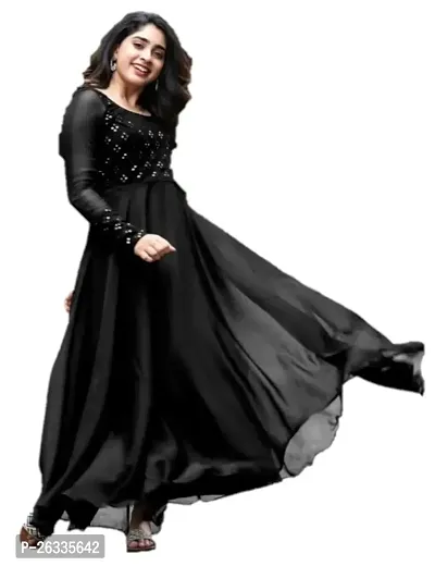 Hotixo Georgette Silk Gown Embroidered Work Gown Dresses (XL, Black)