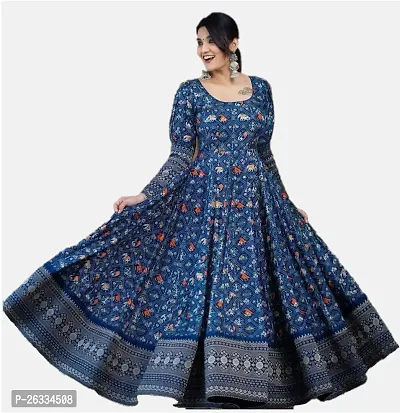 Hotixo Georgette Silk Gown Printed Work Gown for Women Stylish Stitched Dress Gown (M) Blue-thumb0