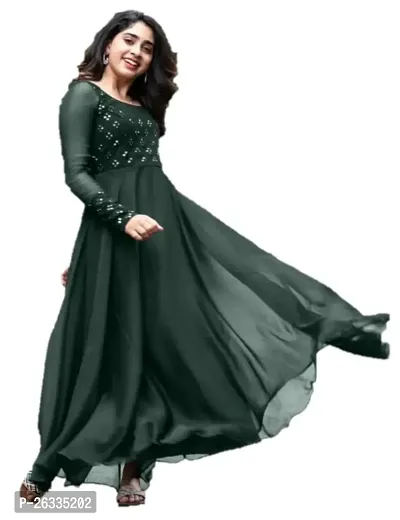 Hotixo Designer Heavy Georgette Silk Embroidered Work Gown for Women Gown Dress (2XL, Green)