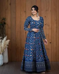 Hotixo Georgette Silk Gown Printed Work Gown for Women Stylish Stitched Dress Gown (M) Blue-thumb3