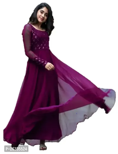 Hotixo Designer Georgette Silk Embroidered Work Fully Stitched Gown Dress (XL, Purple)