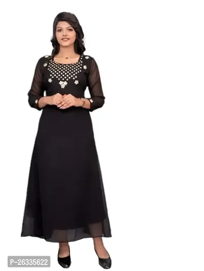 Hotixo New Heavy Georgette Silk Gown Embroidered Gown for Women Stylish Wear Readymade Gown Stitched Dresses (L, Black)