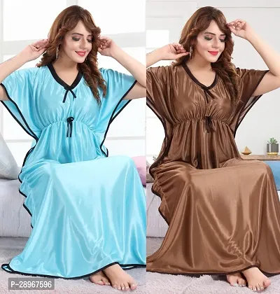 Elegant Silk Blend Solid Night Gown For Women- Pack Of 2-thumb0