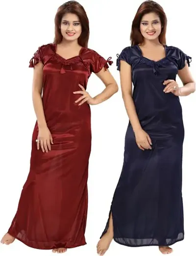 Stylish Satin Solid Night Gown Pack Of 2