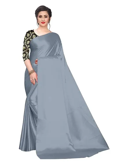 Elegant Plain Satin Saree With Brocade Women Blouse Piece