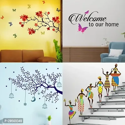 Ghar Kraft Set of 4 Combo Wall Stickers|Chinese Flower|Tribal Lady|Welcome Home Butterfly|Blue Tree Moon|