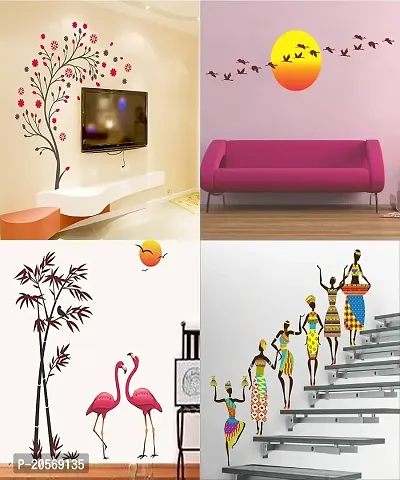 Ghar Kraft PVC Vinyl Fantasy Wall Sticker (Sunset Swan, Tribal Lady, Magical Tree Sunrise with Flying Birds) - Set of 4